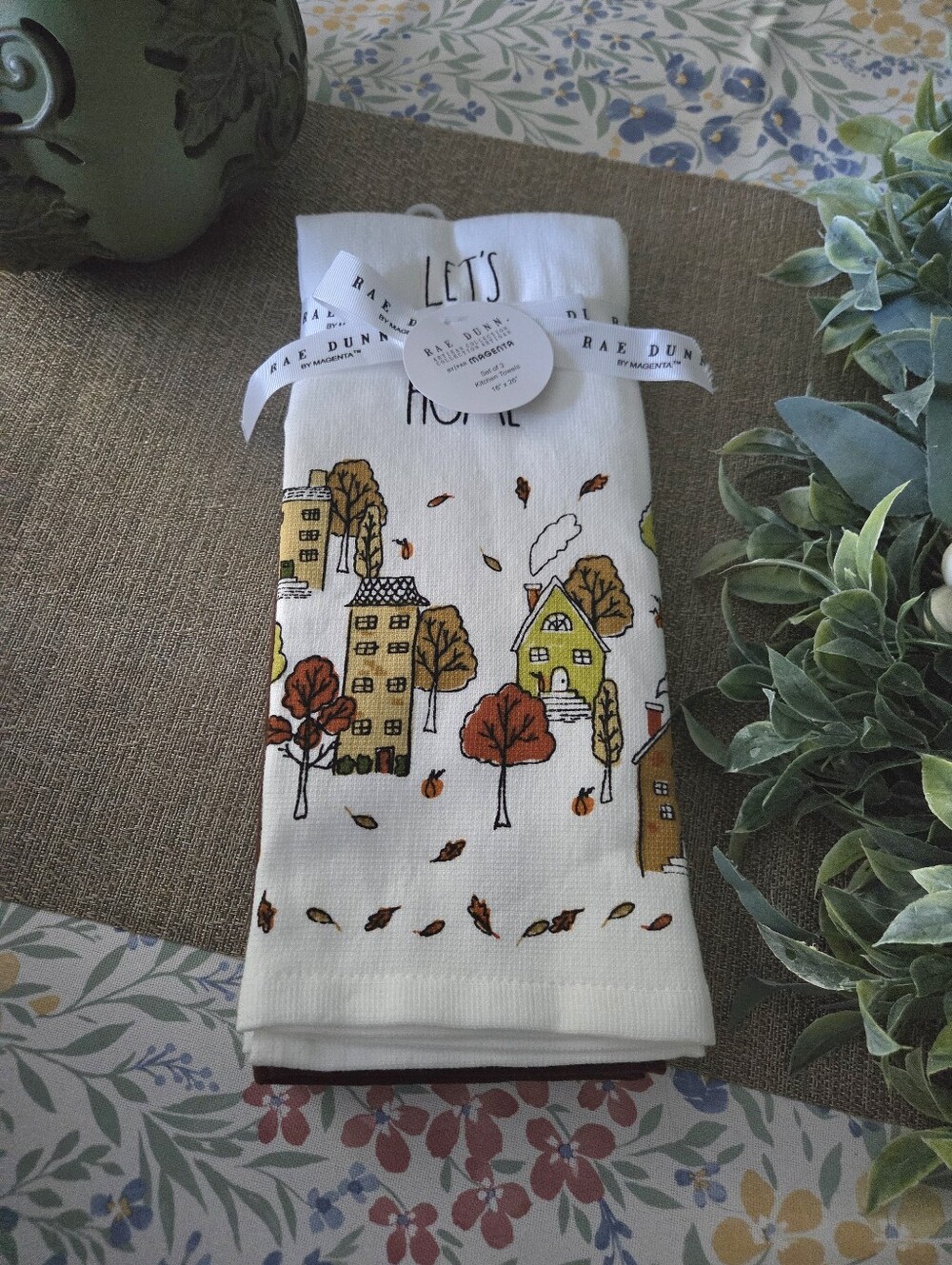 Rae Dunn White Kitchen Towels (3) with Autumn Village Print